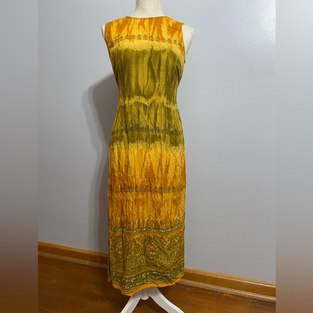 Vintage yellow R&K originals “mushroom” tie back maxi dress